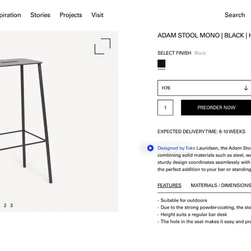 rrp €660 FRAMA (Copenhagen) H76 Adam Mono Matte Black Bar Stool Chair